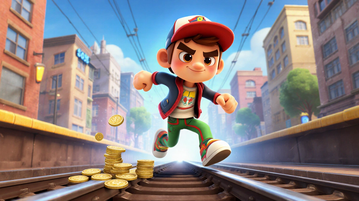 Subway Surfers character sprinting on tracks with coins spilling and cityscape blurred behind
