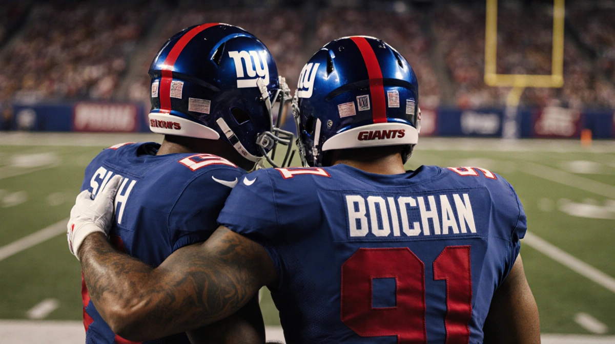 Ndamukong Suh and Odell Beckham Jr standing together with arms around shoulders and Giants helmets showing friendship
