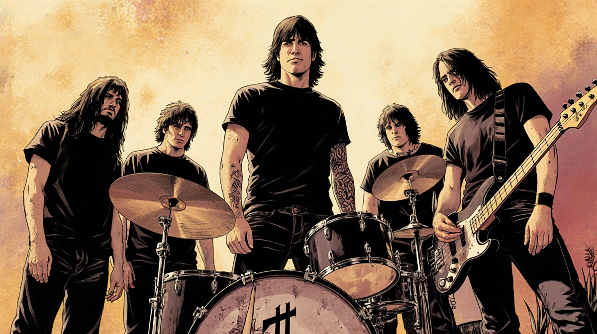 Mike Muir performing with Suicidal Tendencies around worn drum set and sticks showing 1989 nostalgia