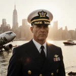Captain Sully stands by the Hudson River with Manhattan skyline behind him and rescue boat on the water