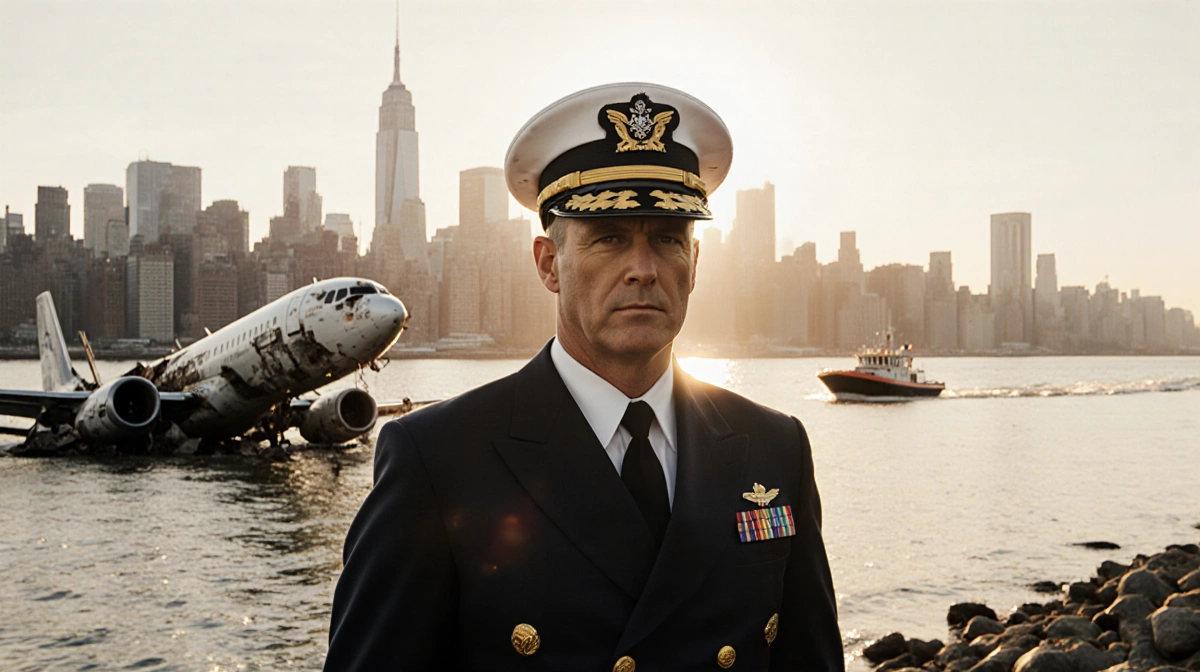 Captain Sully stands by the Hudson River with Manhattan skyline behind him and rescue boat on the water