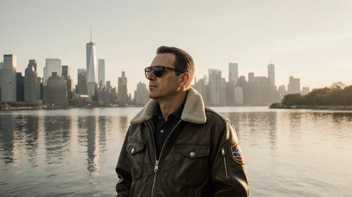 Captain Sullenberger stands by water with Hudson River skyline reflected behind him and aviator sunglasses showing