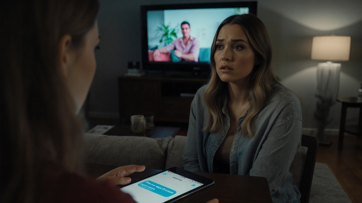 Ciara Miller looking shocked at Summer House season 10 trailer with phone showing Kyle Cooke cheating text on coffee table