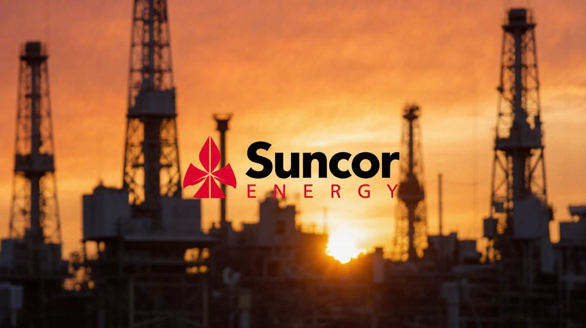 Suncor Energy logo stands bold against golden sunset with industrial equipment and oil rig in background