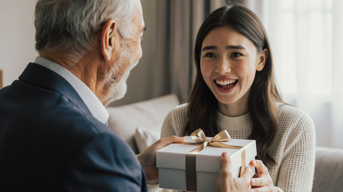 Sundstrom opens a gift box with her father's smiling hand and a bow showing warm surprise and gratitude.