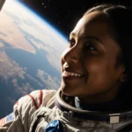 Astronaut Suni Williams gazes at Earthrise through spacecraft window with golden light illuminating her smile and stars visib
