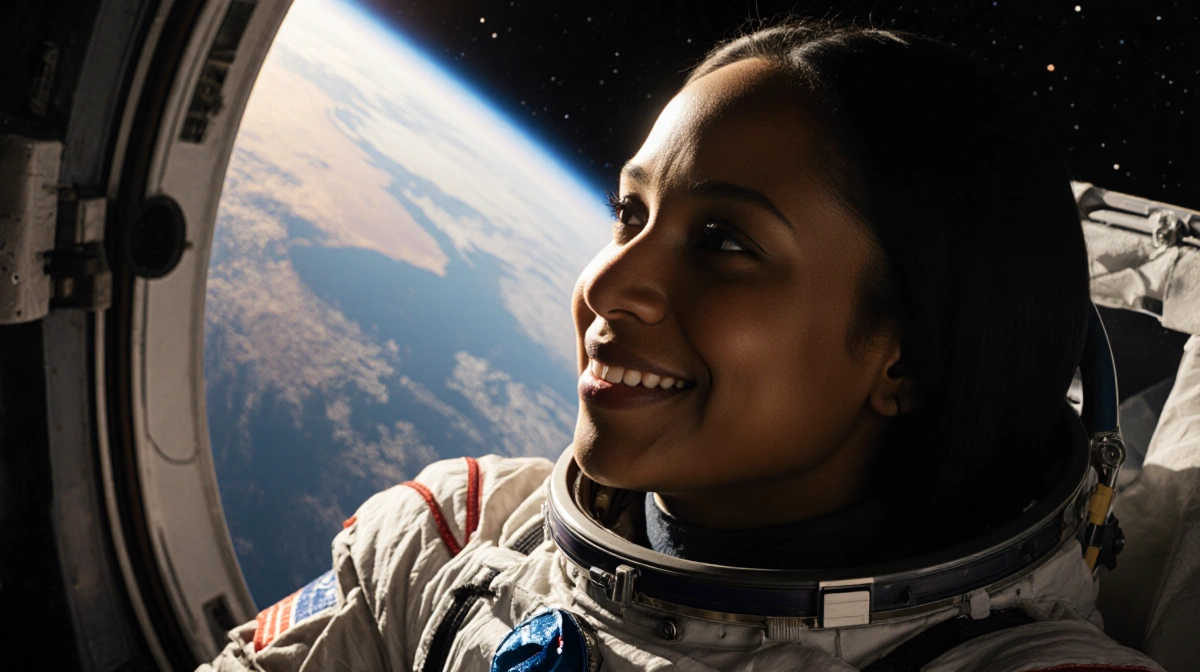 Astronaut Suni Williams gazes at Earthrise through spacecraft window with golden light illuminating her smile and stars visib