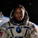 Astronaut Suni Williams stands in starry night with NASA spacesuit and American flag as spacecraft glows behind