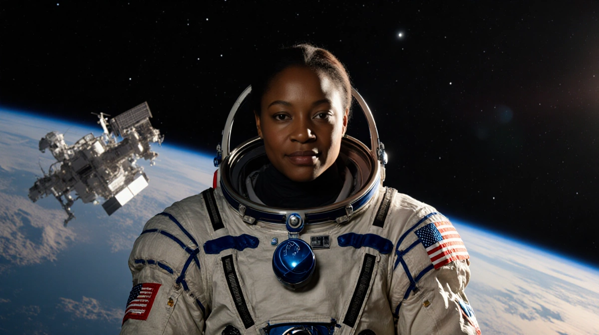 Astronaut Suni Williams stands in starry night with NASA spacesuit and American flag as spacecraft glows behind