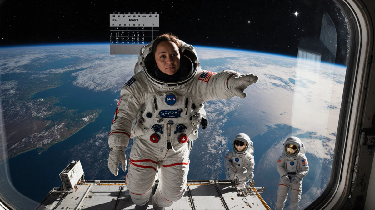 Astronaut Suni Williams floats in space wearing SpaceX Dragon capsule exterior with ISS visible through window and Earth refl