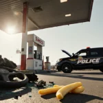 Collapsed Sunoco awning lies across pavement with shattered windshield and police lights flashing nearby