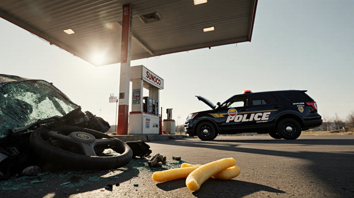 Collapsed Sunoco awning lies across pavement with shattered windshield and police lights flashing nearby