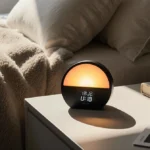 Sunrise alarm clock glowing softly on bedside table with warm light and cozy bedroom setting