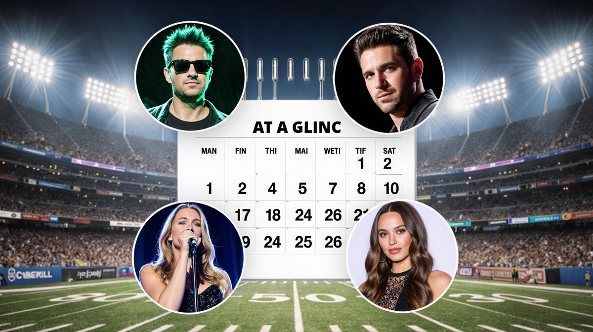 Four performers arrange themselves around a calendar showing 8-8:30 p.m. ET halftime with stadium lights.
