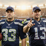 Two football coaches stand with confident expressions one holding a football while the other gestures toward a sunset stadium