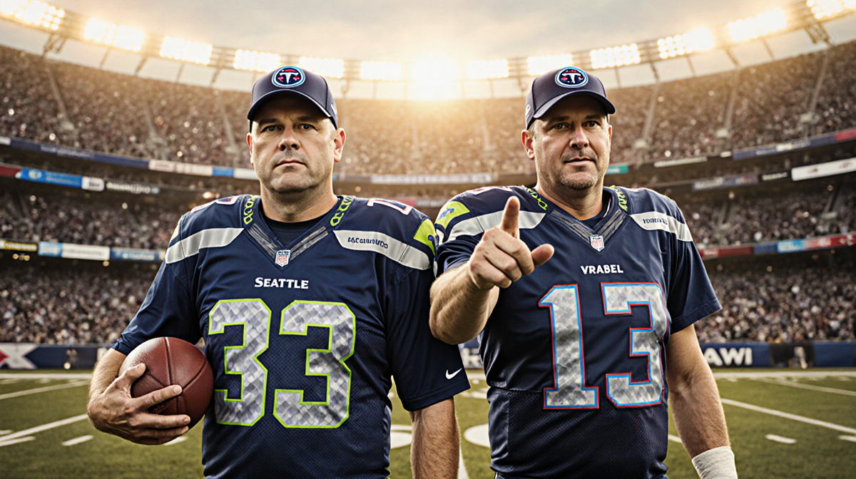 Two football coaches stand with confident expressions one holding a football while the other gestures toward a sunset stadium