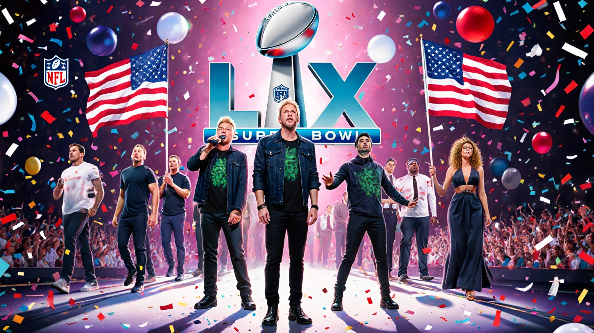 Green Day performing on Super Bowl LX stage with Charlie Puth singing national anthem and marching MVPs approaching