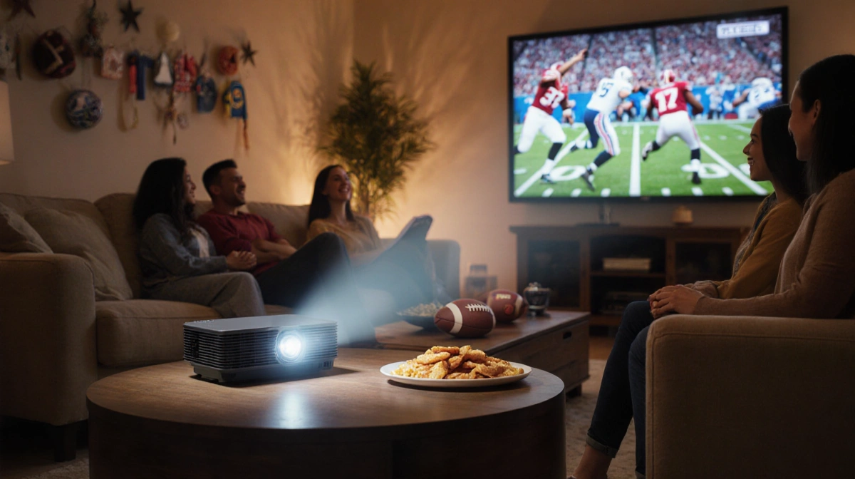 Friends and family watching Super Bowl on mini projector with sports snacks and warm living room lighting