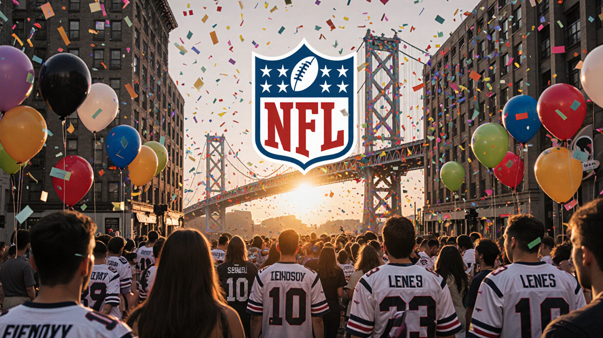 Crowded San Francisco street cheers Super Bowl football fans with LED screen and sunset over Bay Bridge