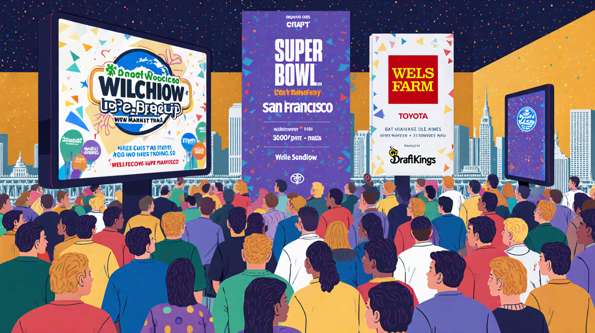 Illustrated room overflows with flyers and screens showing Super Bowl parties and sponsor logos near a San Francisco skyline