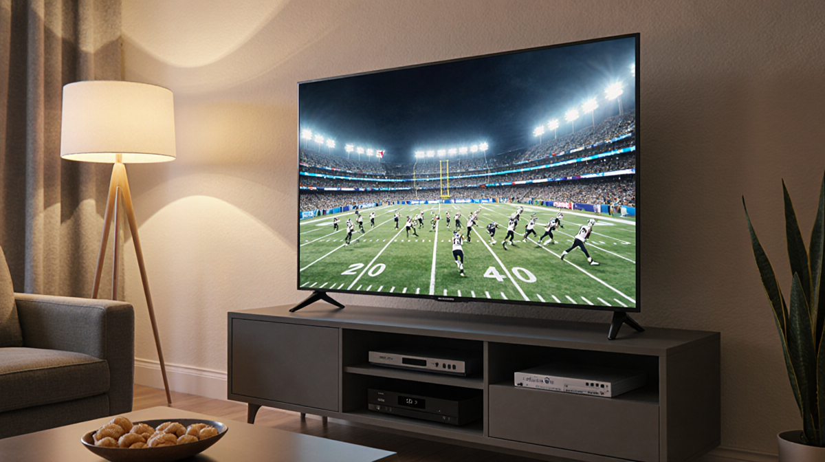TV screen shows the Super Bowl game with warm lighting and cozy living room.