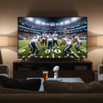 Large sleek Super Bowl TV displaying split-screen game with cozy living room and cold beverage nearby.
