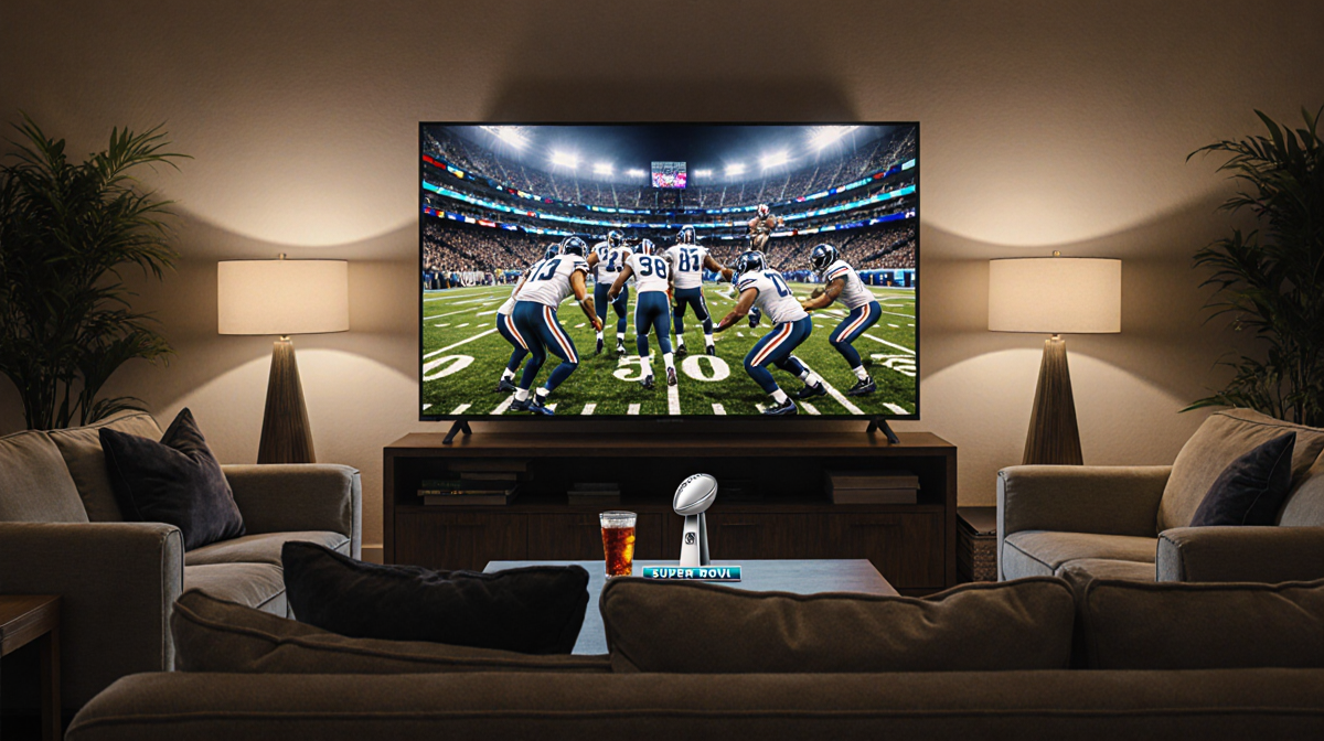 Large sleek Super Bowl TV displaying split-screen game with cozy living room and cold beverage nearby.