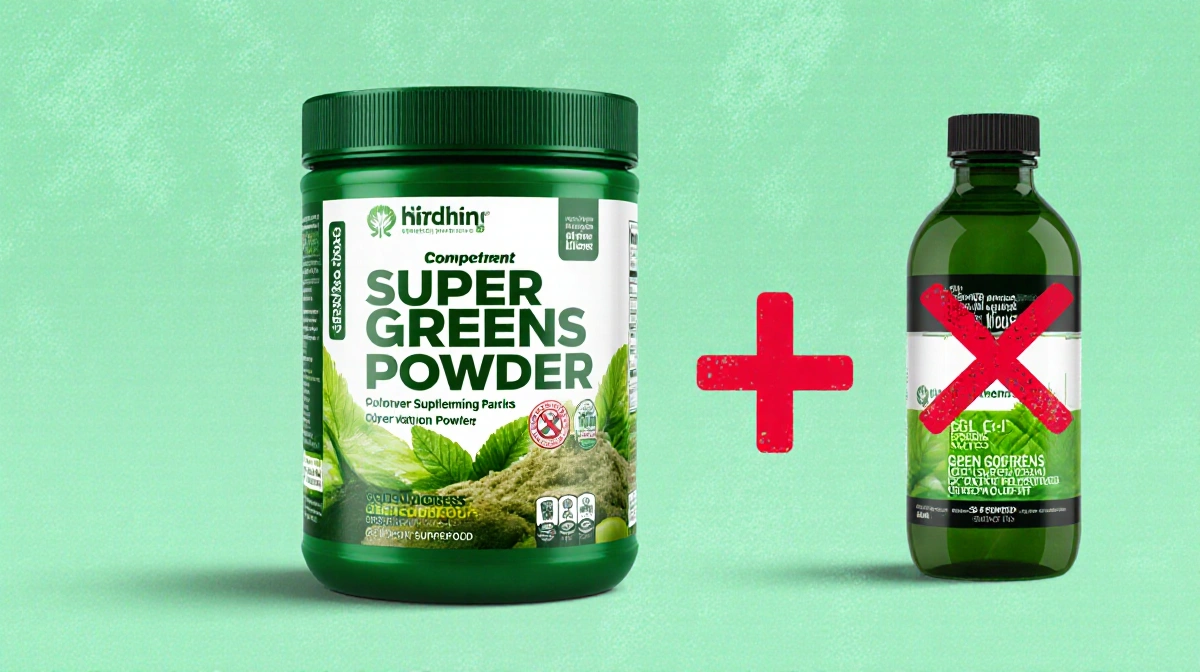Two supplement bottles on clean background with Super Greens powder showing recall symbol and red X mark