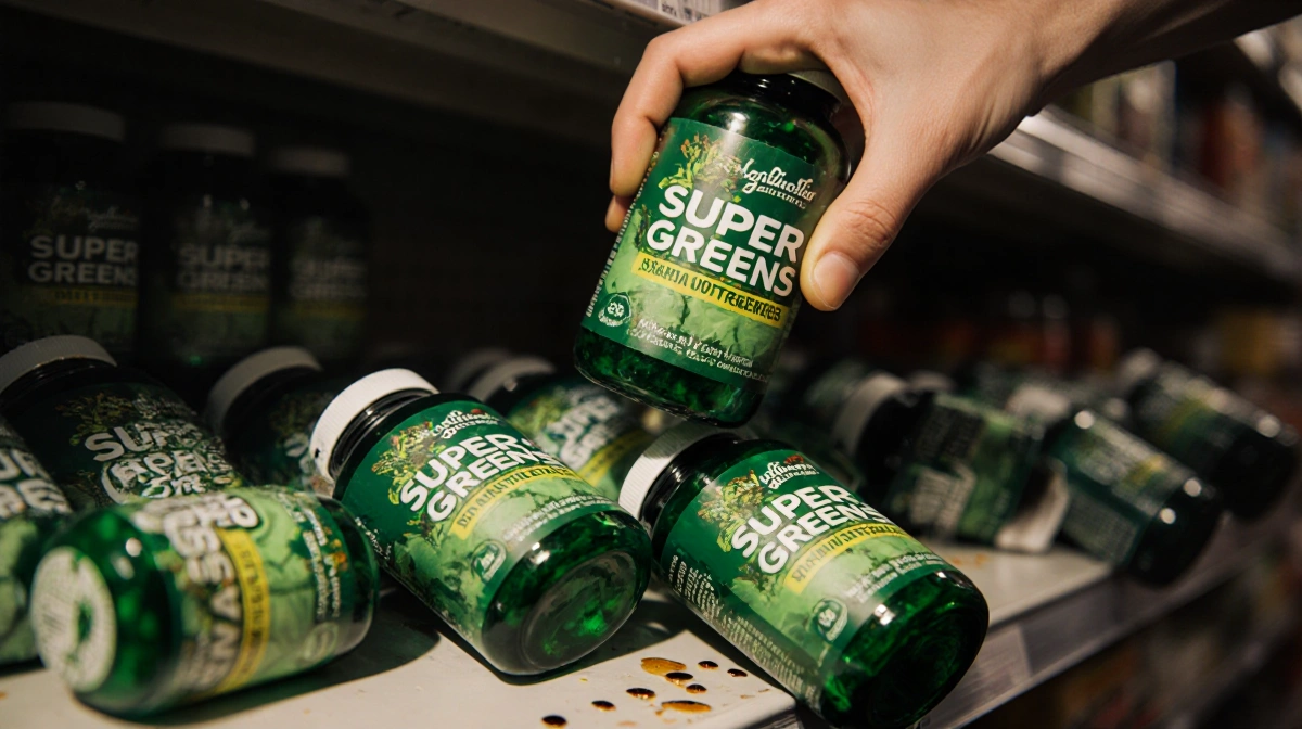 Person recoils from contaminated greens supplement bottle with scattered bottles on store shelf