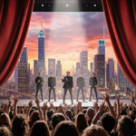 Performers launch opening note with spotlight while excited crowd watches against sunset cityscape during Super Bowl 2026