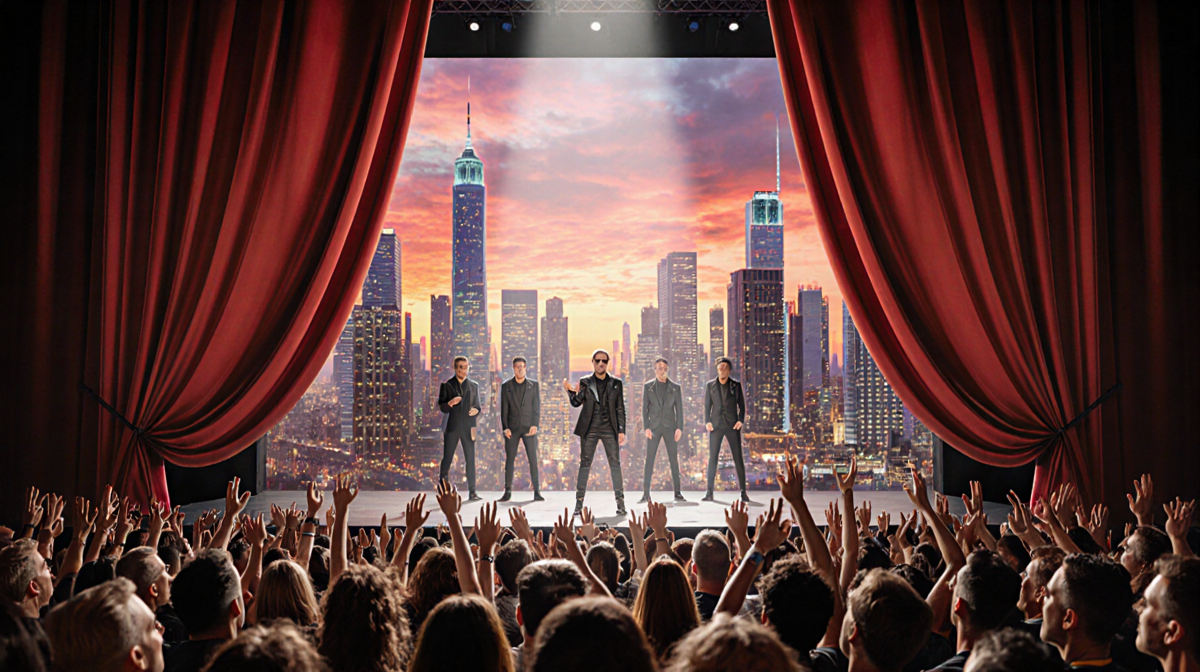 Performers launch opening note with spotlight while excited crowd watches against sunset cityscape during Super Bowl 2026