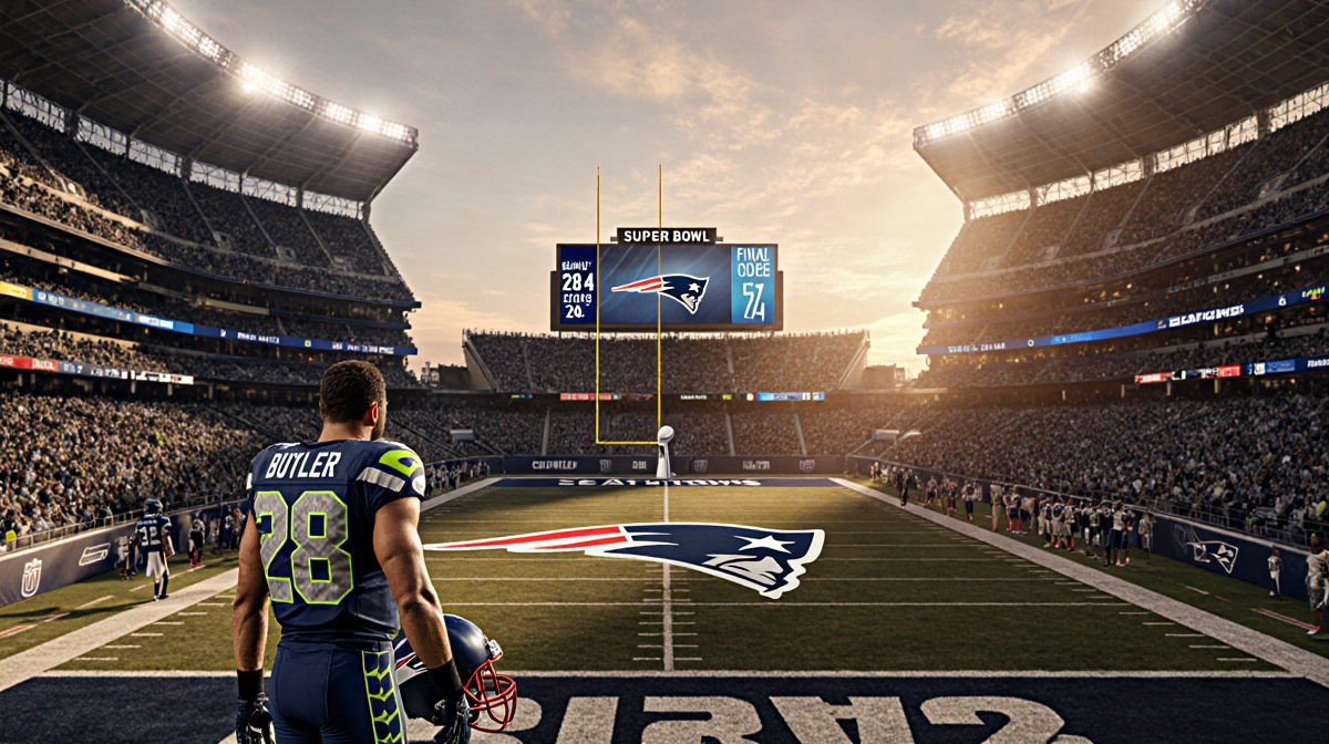 Malcolm Butler standing with his helmet and Seattle Seahawks logo and Super Bowl sunset glow