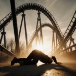 Person lying face down at roller coaster track base with Superman Ultimate Flight ride towering overhead and blurred motion s
