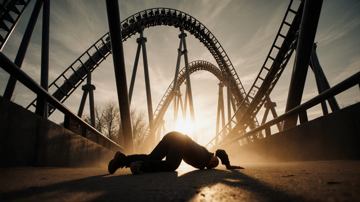 Person lying face down at roller coaster track base with Superman Ultimate Flight ride towering overhead and blurred motion s
