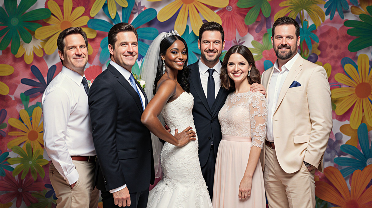 Actors stand together with wedding attire and a bright patterned backdrop celebrating