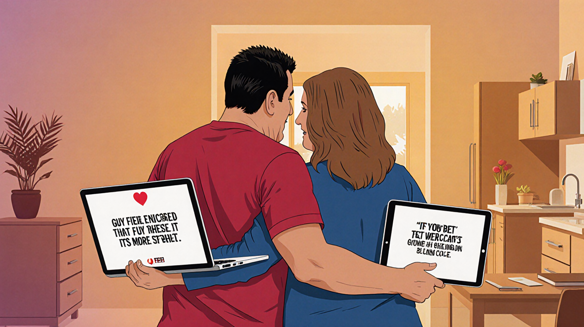 Couple embracing with husband holding laptop and wife holding tablet with motivational quotes in a warm home office