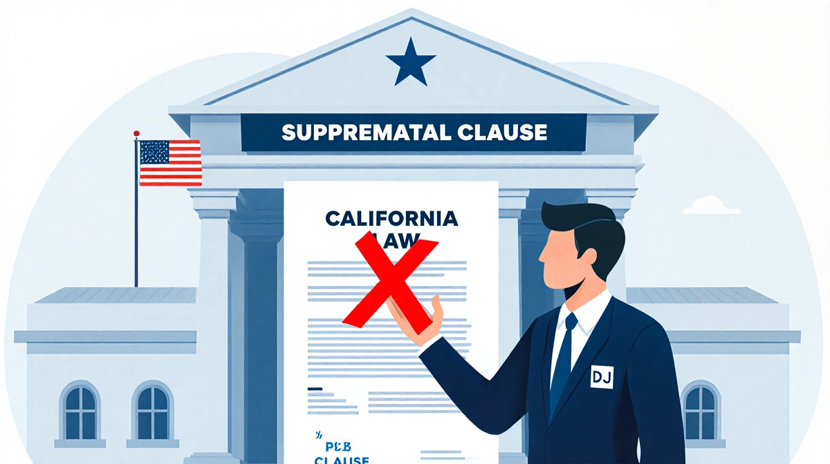 DOJ lawyer pointing at California state law with red X while standing before Supremacy Clause banner on courthouse