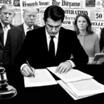 Stern justice figure reviews Federal Reserve documents at desk with blurred gavel figures and newspaper headlines behind