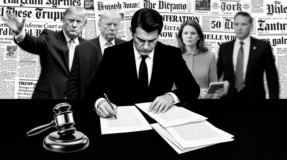 Stern justice figure reviews Federal Reserve documents at desk with blurred gavel figures and newspaper headlines behind