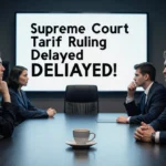 Newsroom screen showing Supreme Court tariff ruling delay with concerned traders at table and untouched coffee