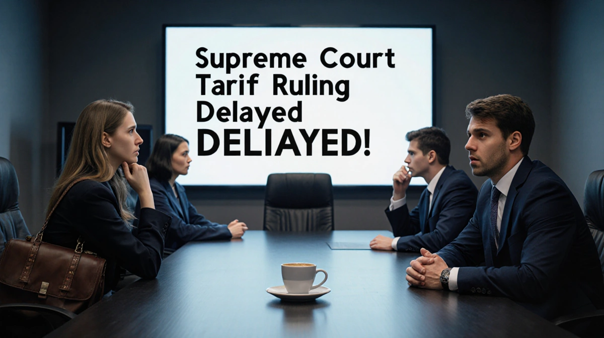 Newsroom screen showing Supreme Court tariff ruling delay with concerned traders at table and untouched coffee