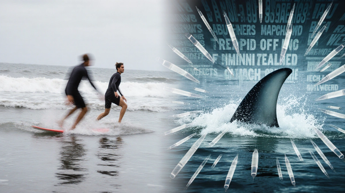Surfers riding waves with shark fin cutting through water and news headlines swirling around