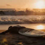 Injured surfer lies on sand with bleeding chest wound next to abandoned surfboard at sunset