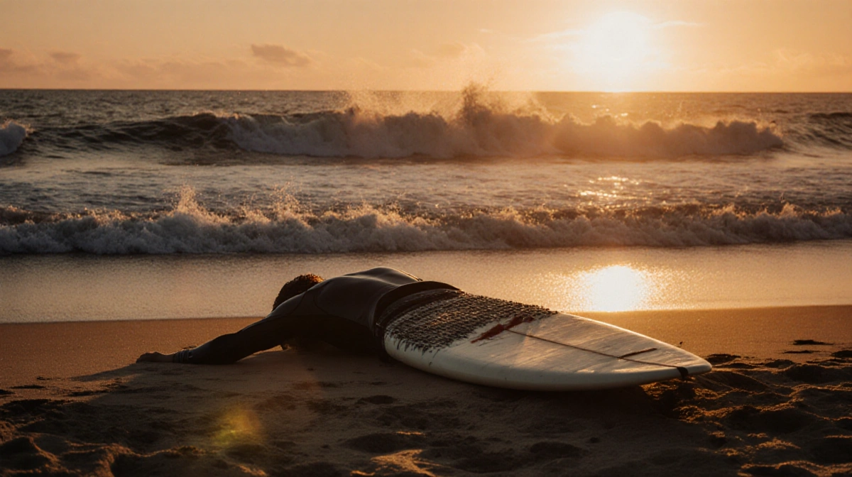 Injured surfer lies on sand with bleeding chest wound next to abandoned surfboard at sunset
