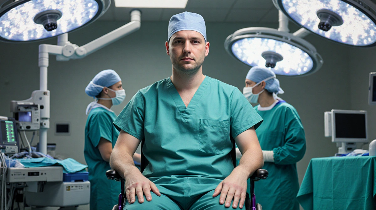 Confident surgeon with MS stands at operating table with wheelchair integrated and team nearby