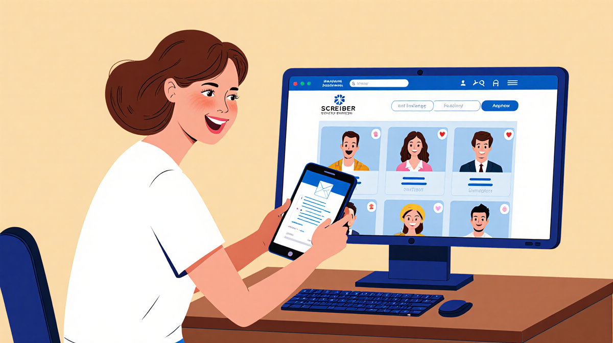 Schreiber smiles while holding phone with instant approval notification near computer screen showing surrogacy agency profile