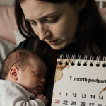 Surrogate mother Elizabeth Schreiber cradles sleeping newborn with calendar showing 1 month postpartum in dim nursery