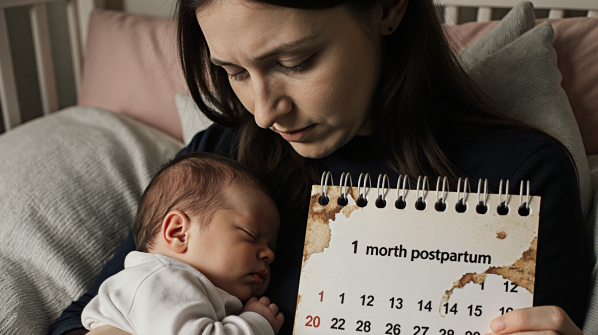 Surrogate mother Elizabeth Schreiber cradles sleeping newborn with calendar showing 1 month postpartum in dim nursery