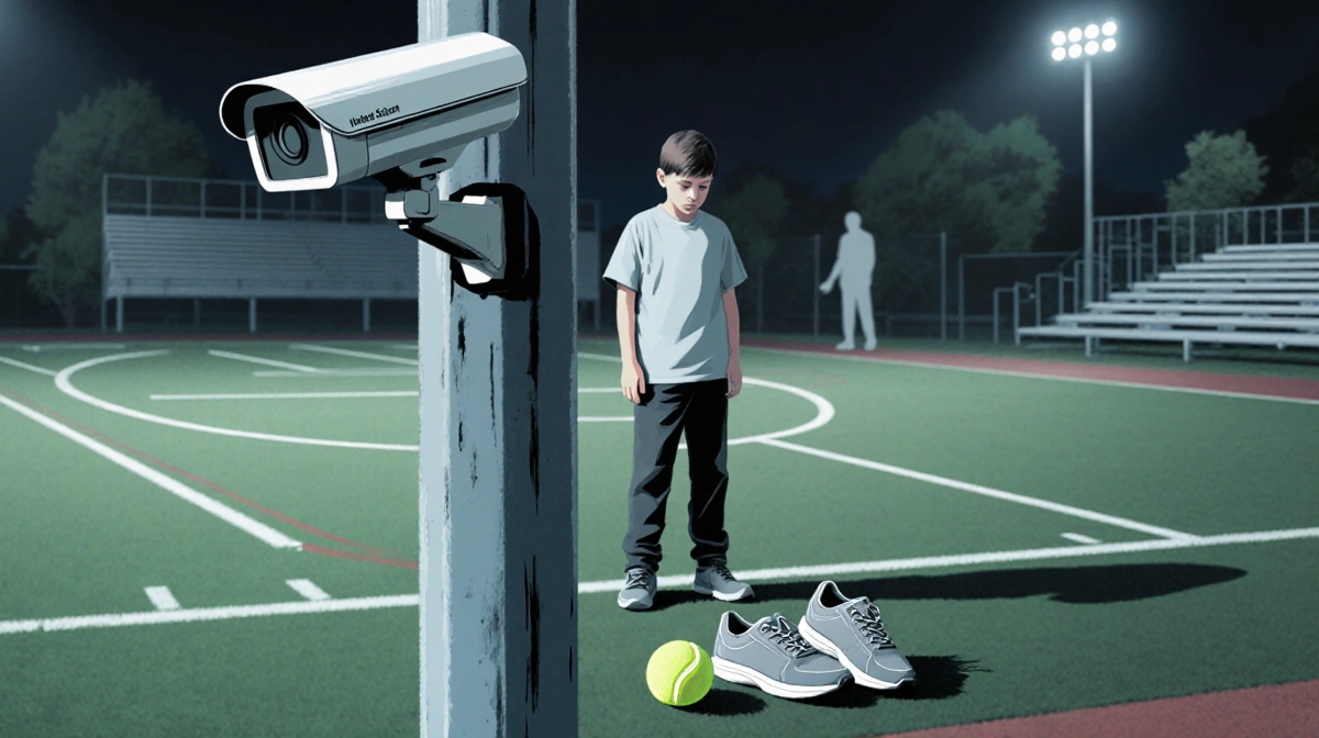 Eleven-year-old stands on sports field looking down with surveillance camera overhead and tennis ball near shoes