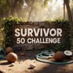 Weathered wooden Survivor 50 Challenge sign stands with vines climbing and adventure items scattered below